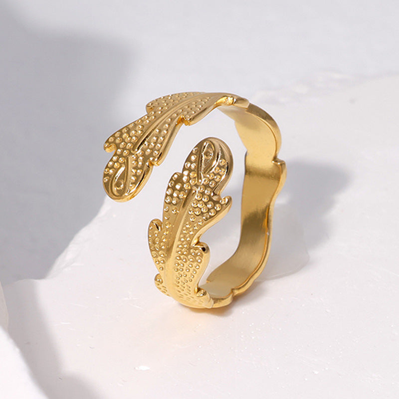 Anello aperto da donna placcato in acciaio inossidabile geometrico minimalista con motivo a foglia