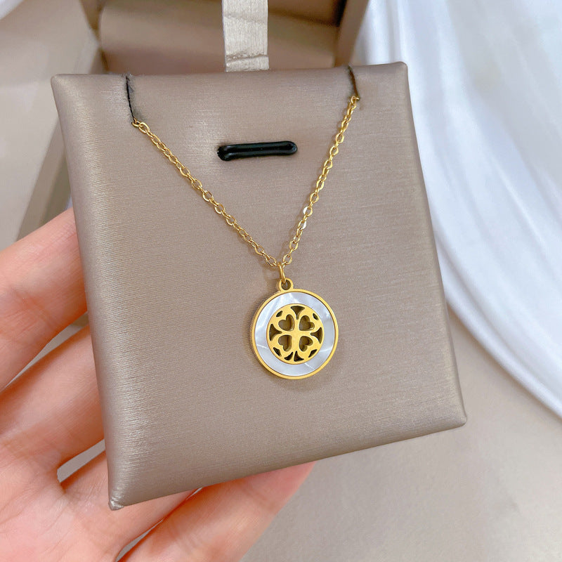 Minimalist Geometric Clover Shell Pendant Necklace for Women and Men in Titanium Steel with Gold Plating