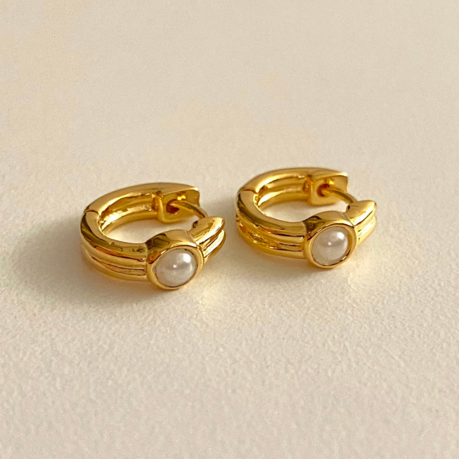 Minimalist Sweet 925 Sterling Silver Geometric Letter Pearl Stud Earrings Gold Plated