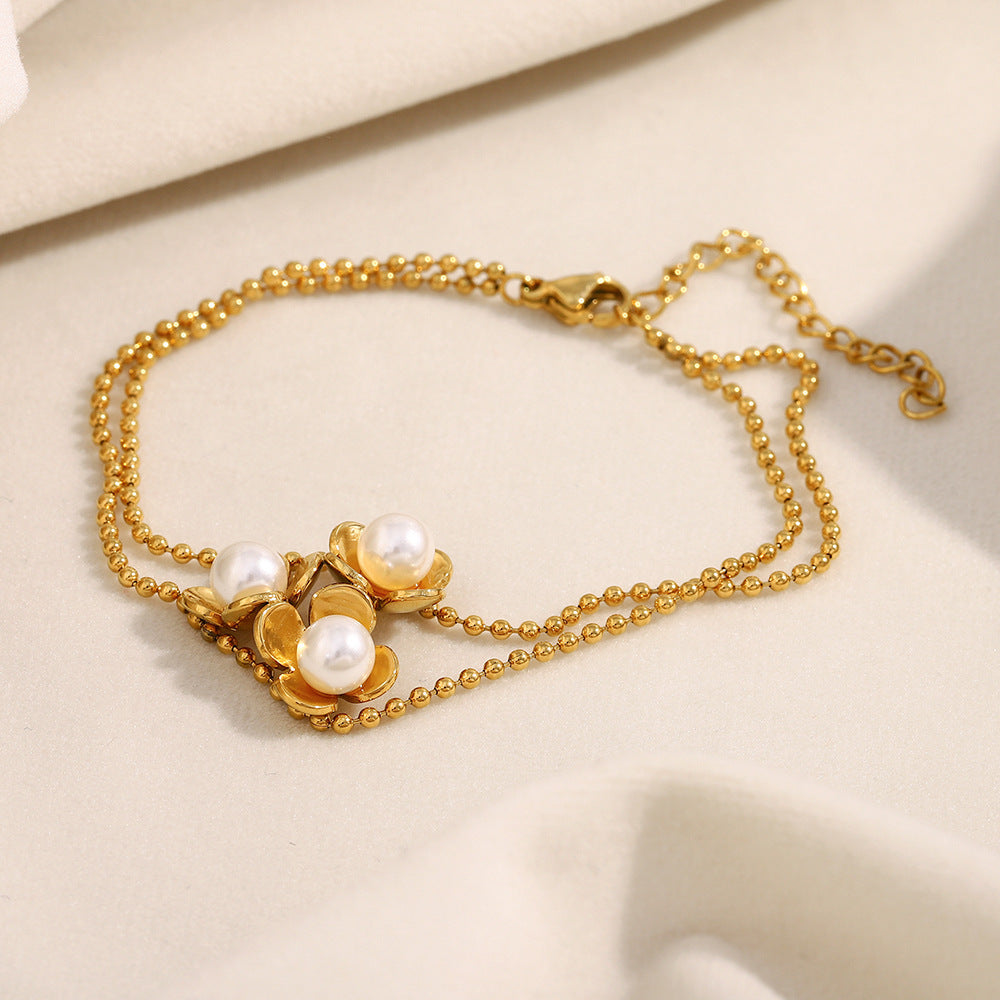 Fashionable OL Style Floral Shape Stainless Steel Plated 18K Gold Beaded Bracelet for Women