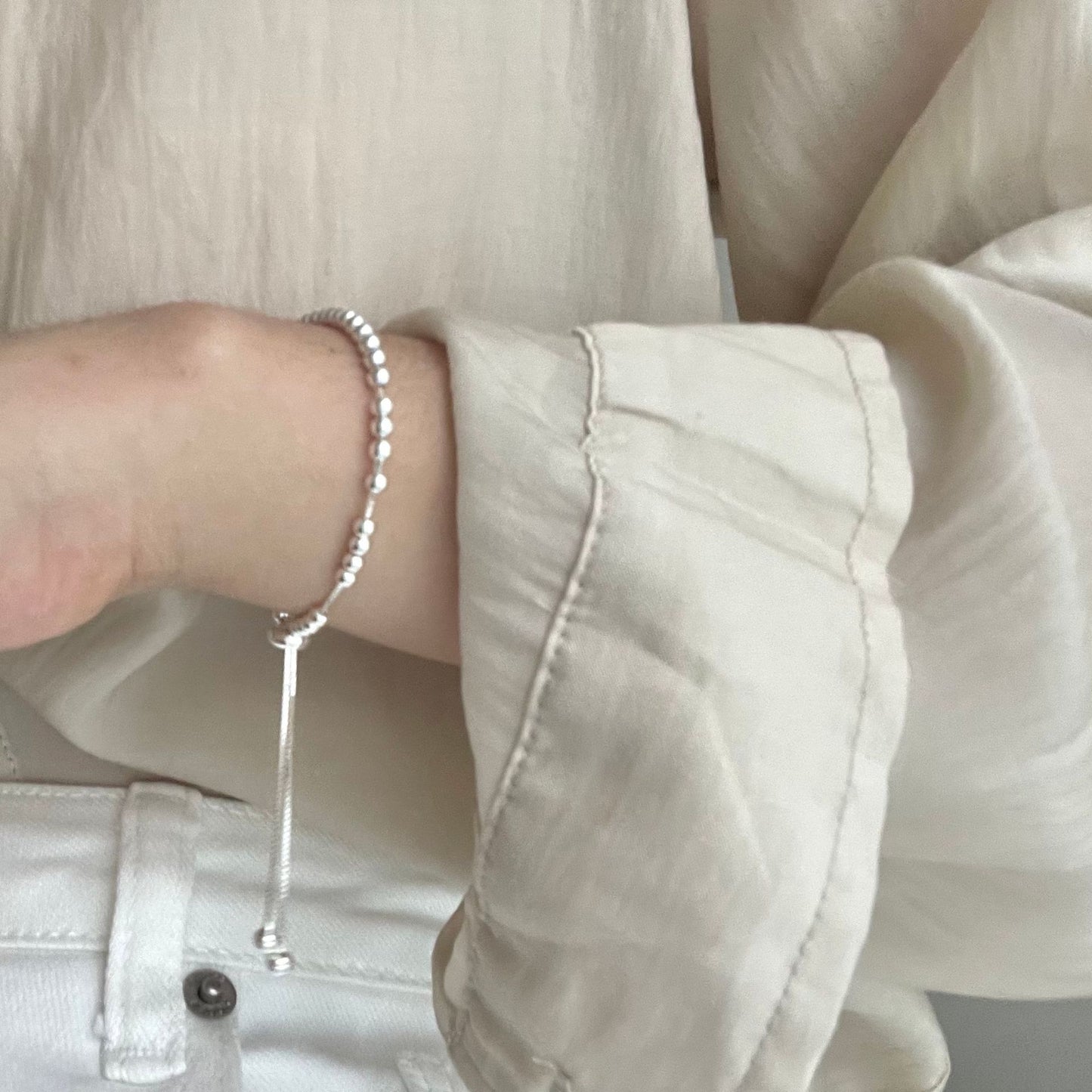 Adjustable 925 Sterling Silver Round Bead Ball Chain Bracelet for Women