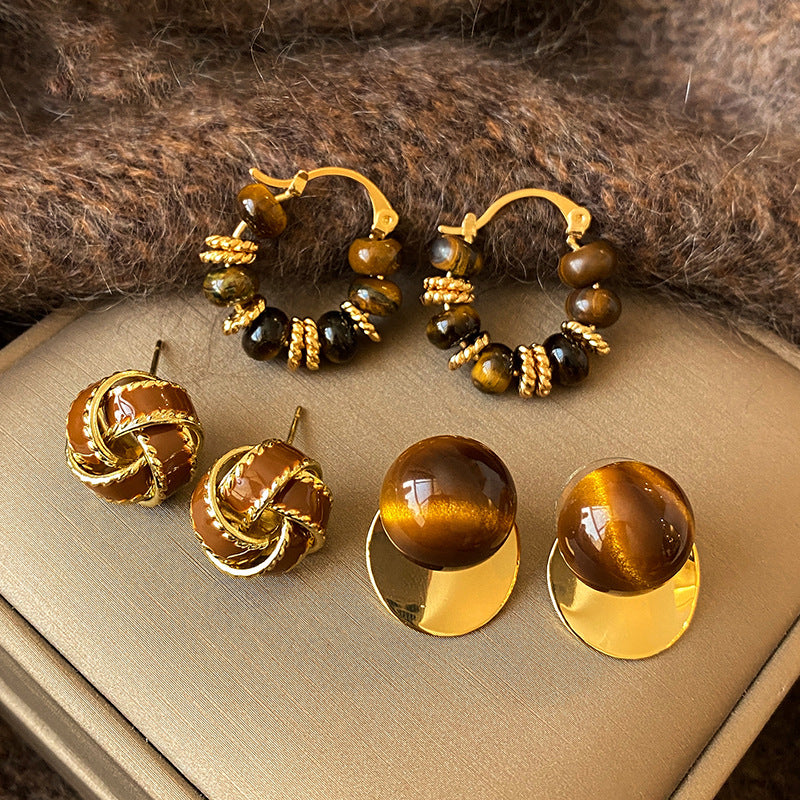 Pendientes de Tachuela de Ojo de Tigre Geométricos Chapados en Cobre para Mujer - Otoño Invierno Retro Minimalista para Uso Diario en la Oficina