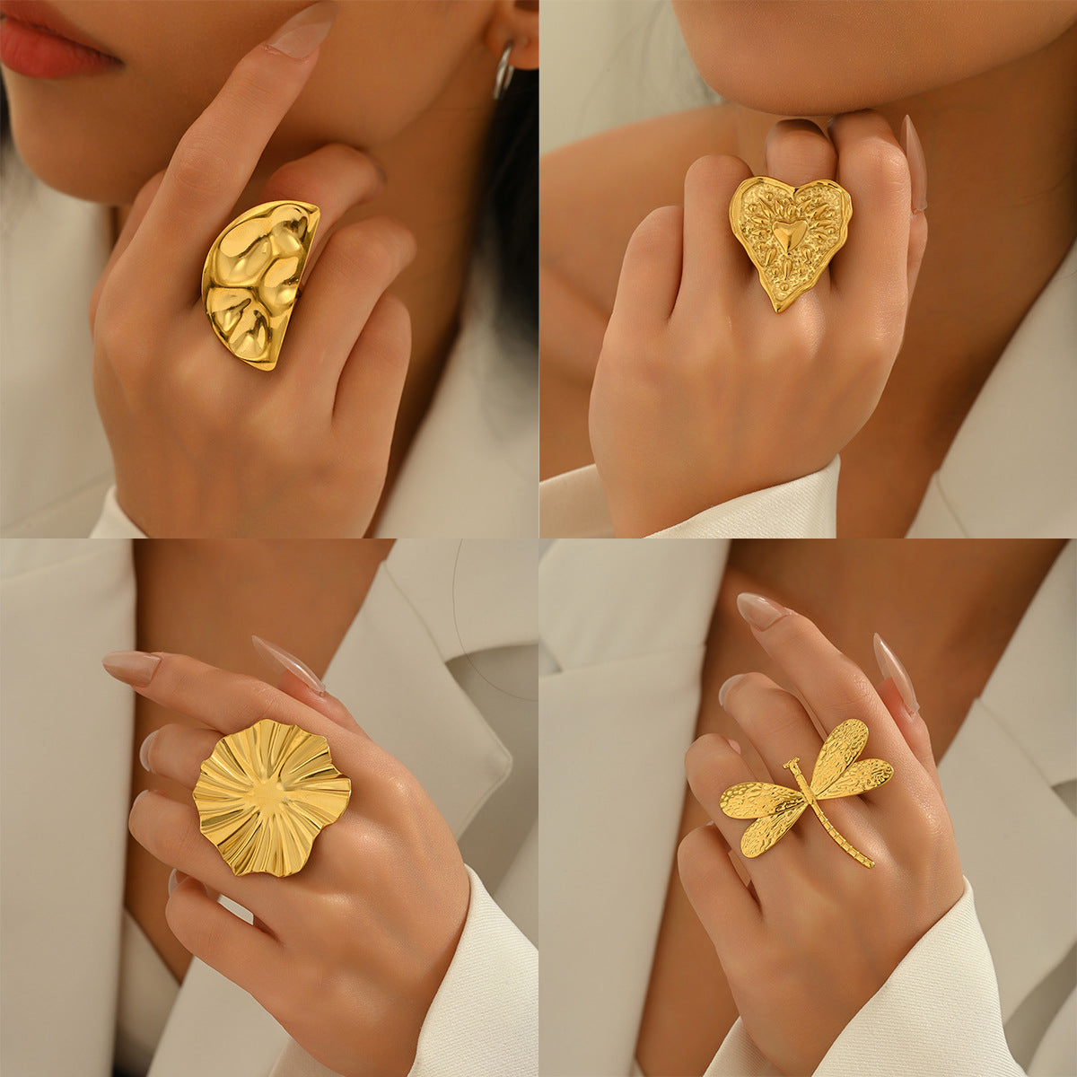 Anello aperto regolabile da donna a forma di cuore geometrico in lega di zinco con finitura placcata