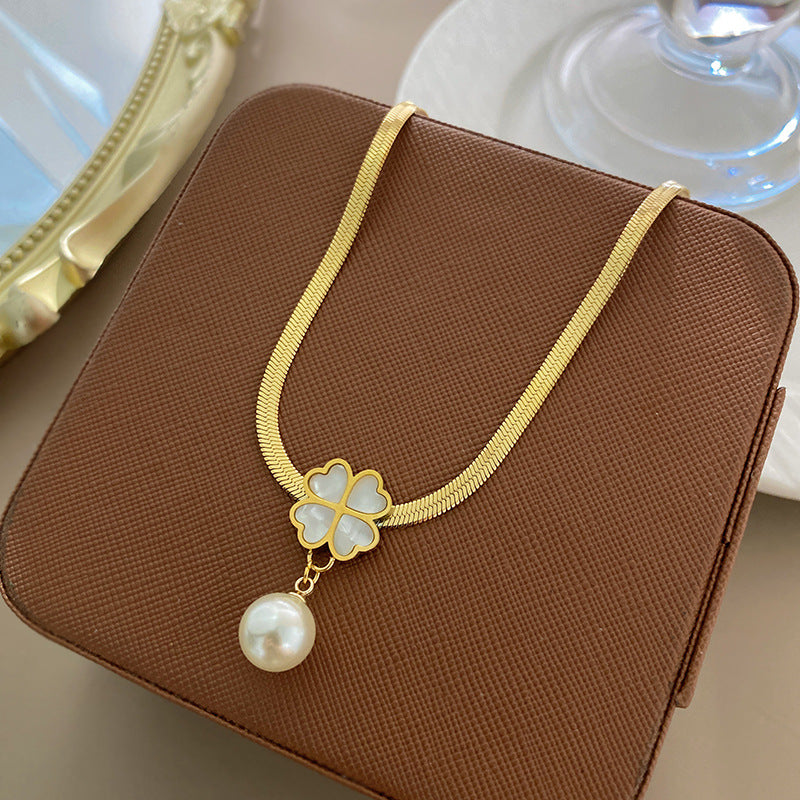 Elegant Gold Plated Four-Leaf Clover Pearl Tassel Necklace Titanium Steel Unisex
