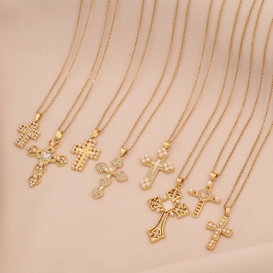 Collar cruzado de acero inoxidable personalizado con colgante de cobre y perla de imitación