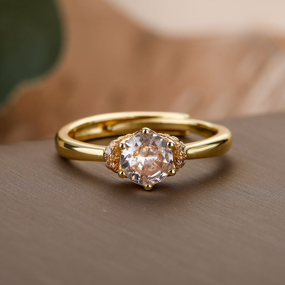Anello Minimalista Geometrico in Rame Placcato Oro 18K con Zirconi Cubici, Anello Regolabile alla Moda per Donne
