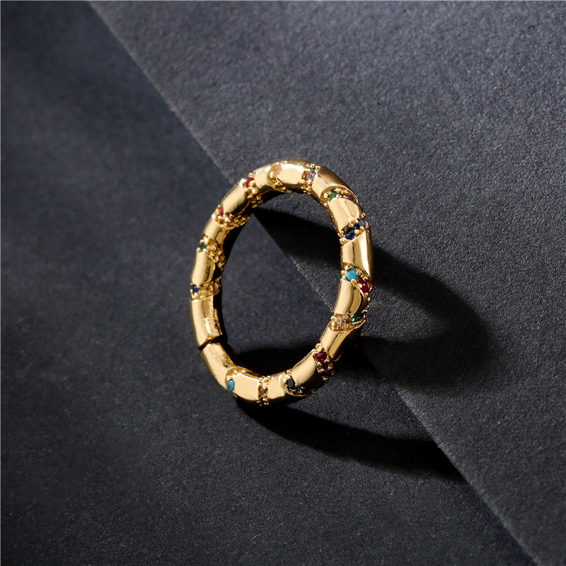 18K Gold Plated Geometric Brass Ring with Micro-Inlaid Cubic Zirconia for Women