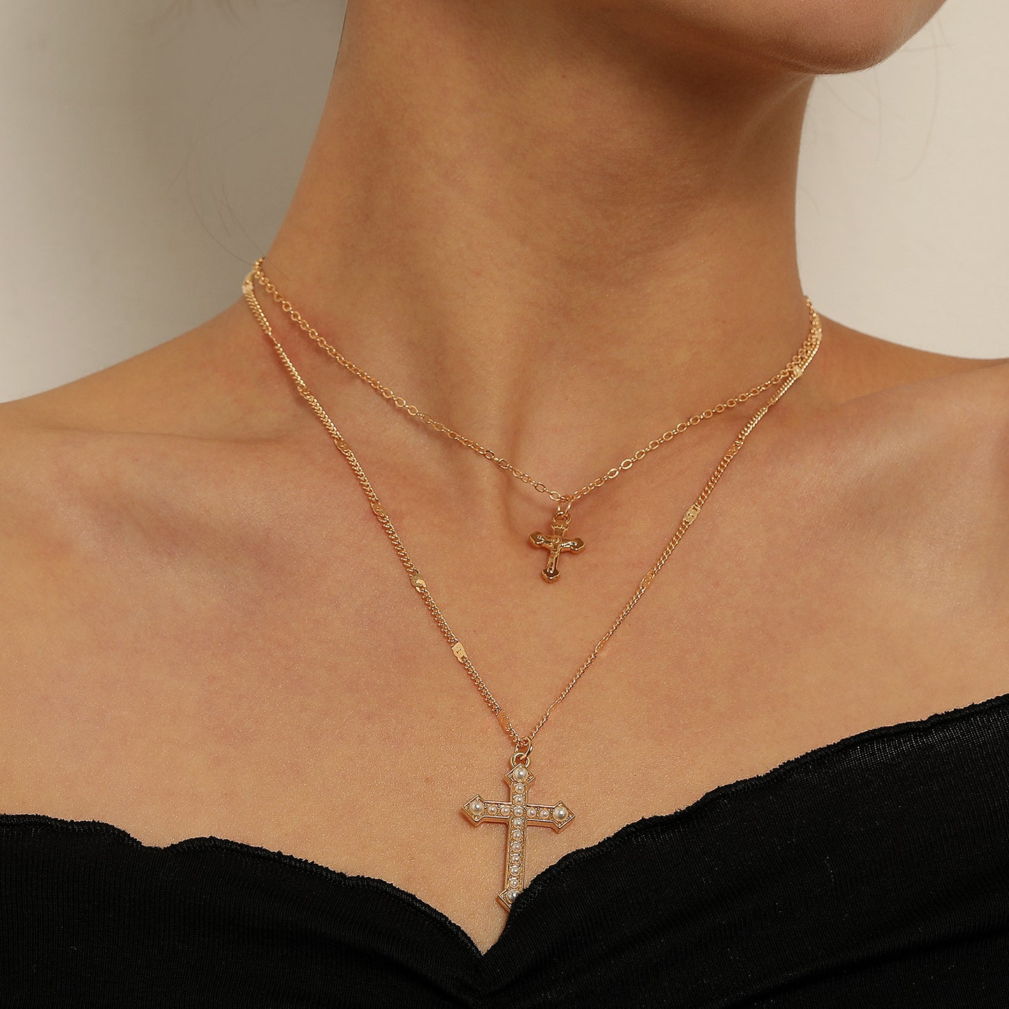 Minimalist Two-Tier Cross Pendant Necklace in Alloy with Plated Finish for Women