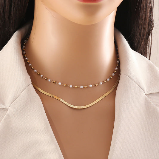 Collar de doble capa de acero inoxidable estilo OL con detalles de perlas para mujer