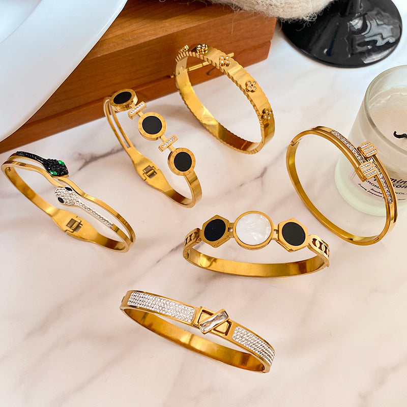 Micro-inlay Shell Geometric Oval Titanium Steel Bracelet Plated