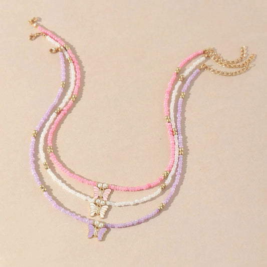 Collar con colgante de mariposa estilo bohemio con coloridas cuentas de cristal para niñas, diseño dulce en cadena de cuentas redondas