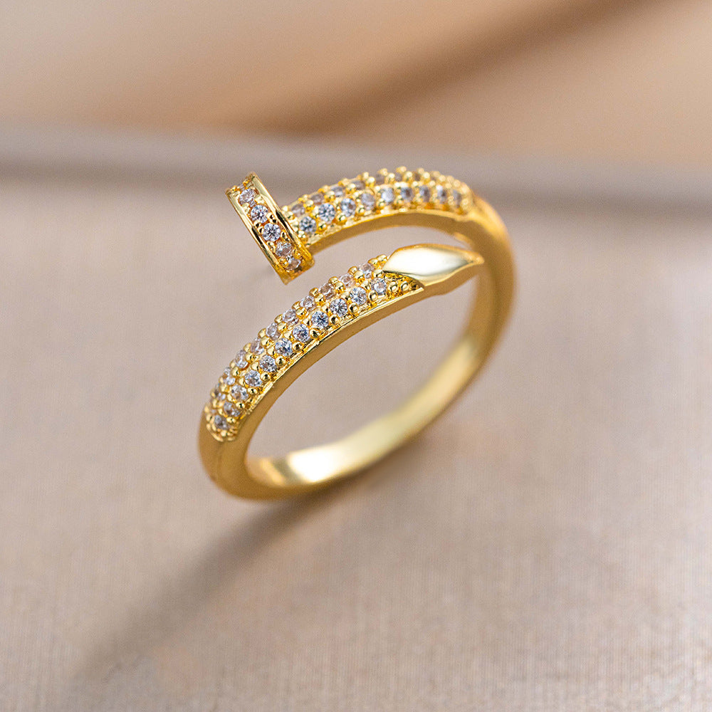 Fashionable Adjustable Open Ring for Women in Copper with 18K Gold Plating Featuring Heart Floral Geometric and Diamond-Inlaid Design