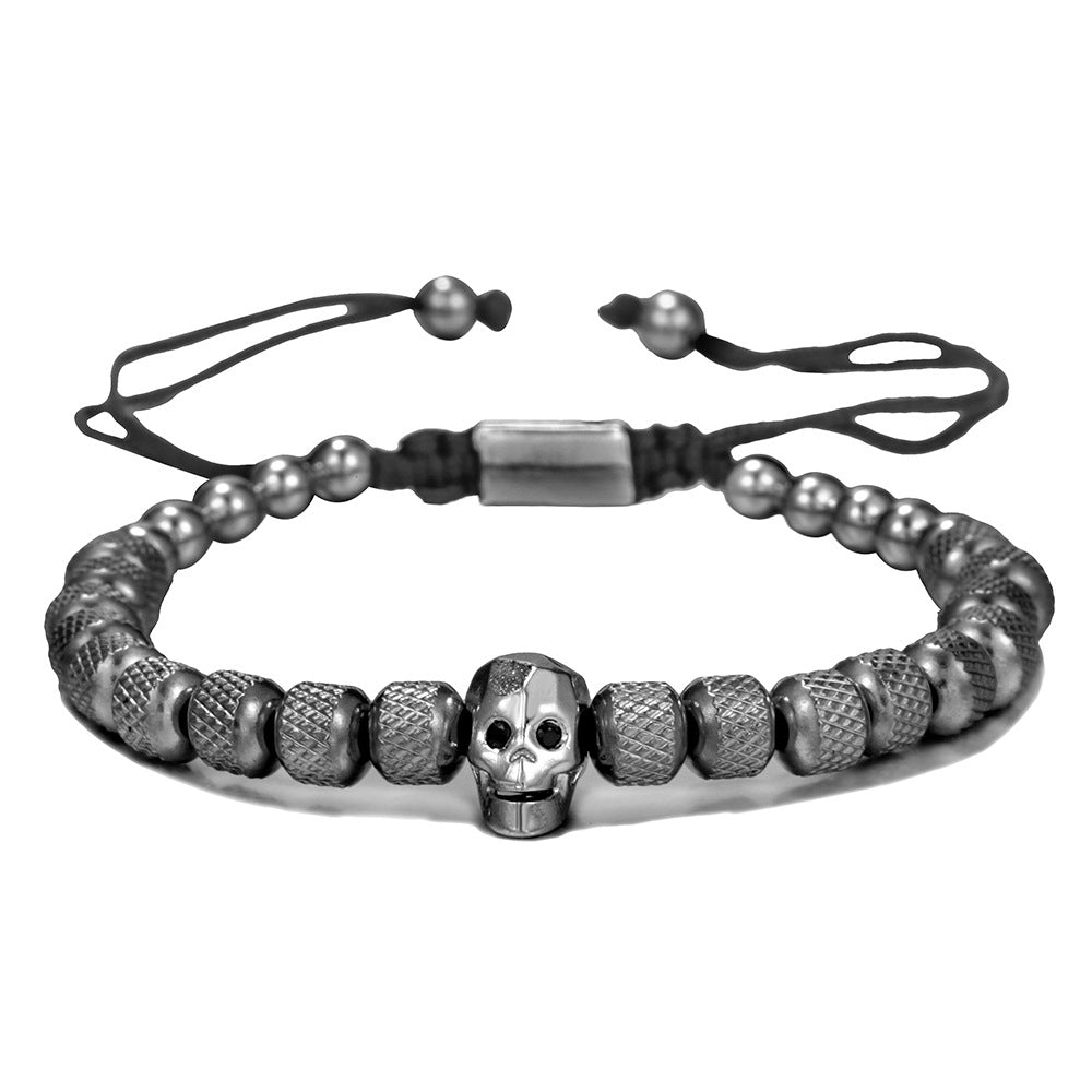 Vintage Gold Plated Titanium Steel Round Geometric Bracelet with Cubic Zirconia Skull Beads