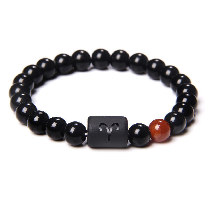 Unisex Adjustable 8mm White Crystal Tiger Eye Obsidian Zodiac Beaded Bracelet