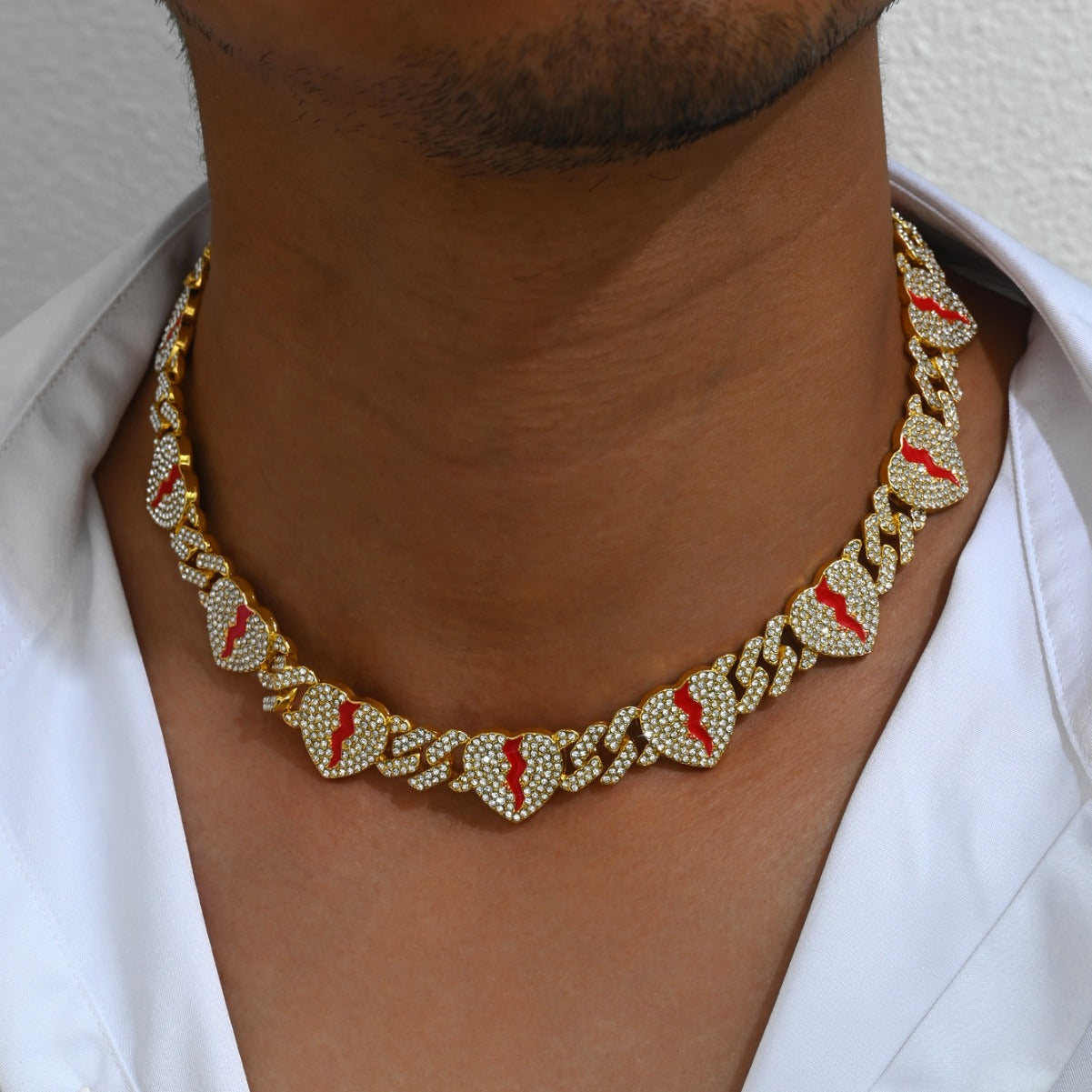 Collana con ciondolo a cuore in lega di zinco in stile Hip Hop con strass intarsiati per uomo