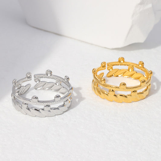 Minimalist 18K Gold Plated Stainless Steel Crown Geometric Open Adjustable Ring for Women