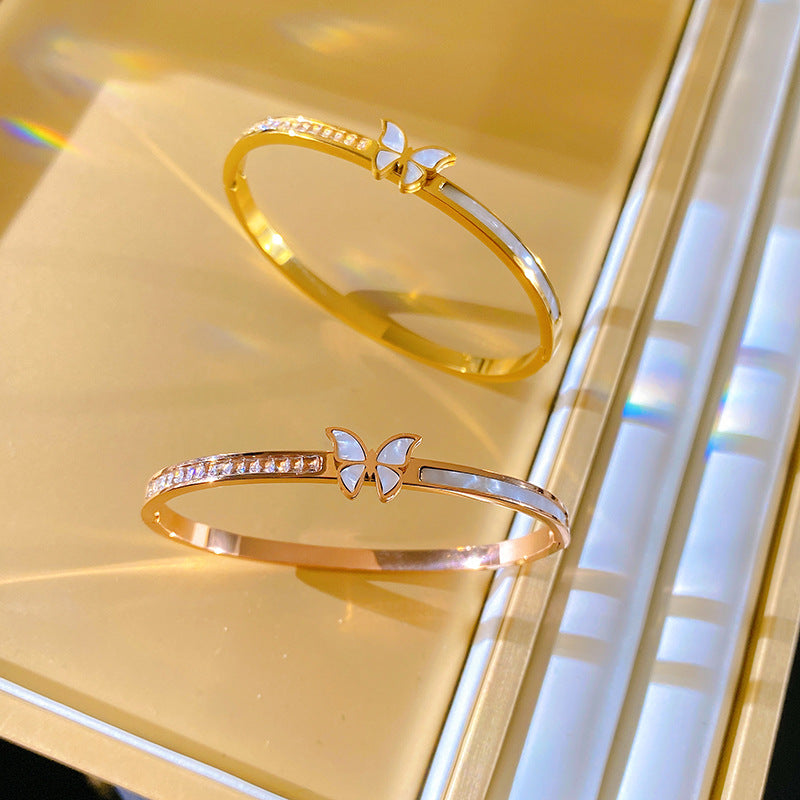Elegant Micro-inlay Shell and Cubic Zirconia Butterfly Open Cuff Titanium Steel Bracelet