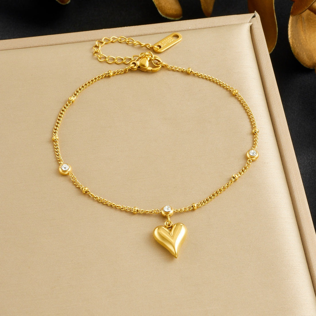 Minimalist Gold Plated Stainless Steel Heart Rhinestone Bracelet for Women