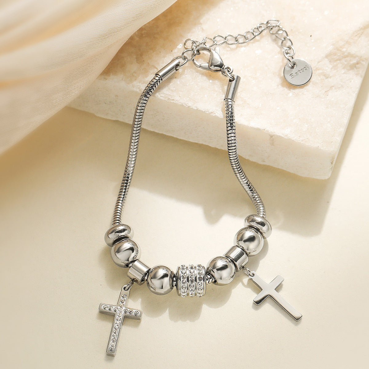 18K Gold Plated Stainless Steel Cross Bracelet with Cubic Zirconia for Women