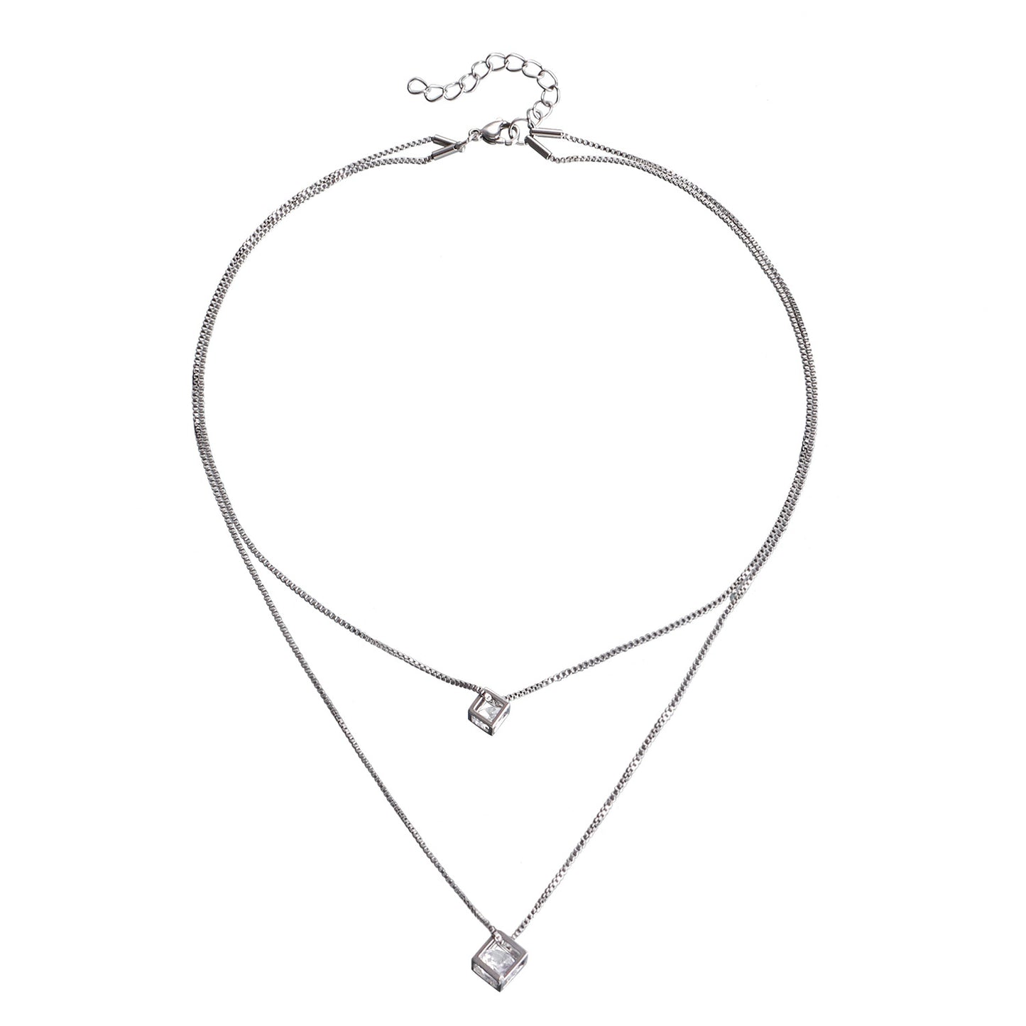 Geometric Cube Pendant Necklace for Women with Zircon Inlay on Double-Layer Alloy Box Chain with Plated Finish
