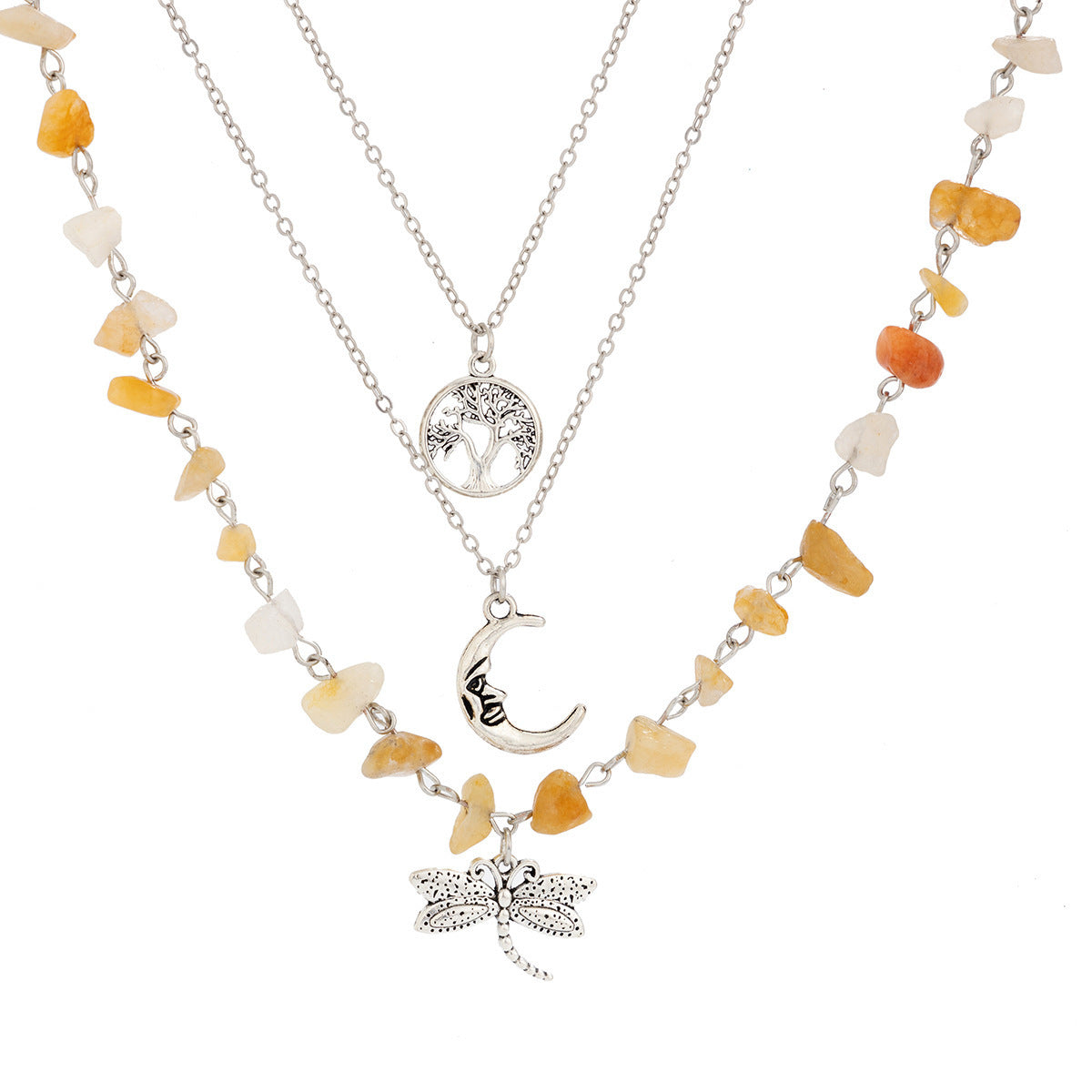 Collar de Piedra Triturada Irregular Estilo Mamba Menta, Dulce y Atrevido, para Mujer con Colgante de Luna, Diseño en Capas, Aleación Electrochapada, Cuentas de Imitación de Perlas y Acentos de Borlas