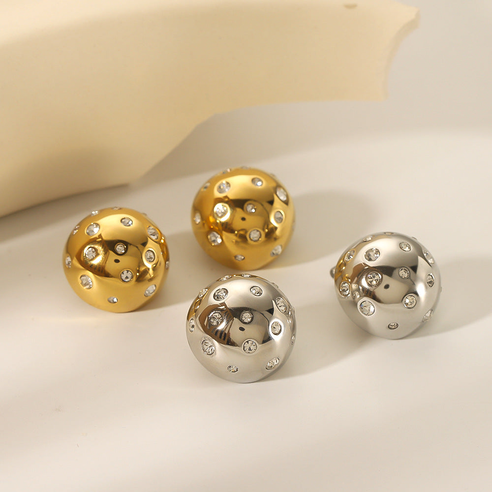 Orecchini minimalisti geometrici a sfera in acciaio al titanio da donna con intarsio in strass e placcatura in oro 18 carati