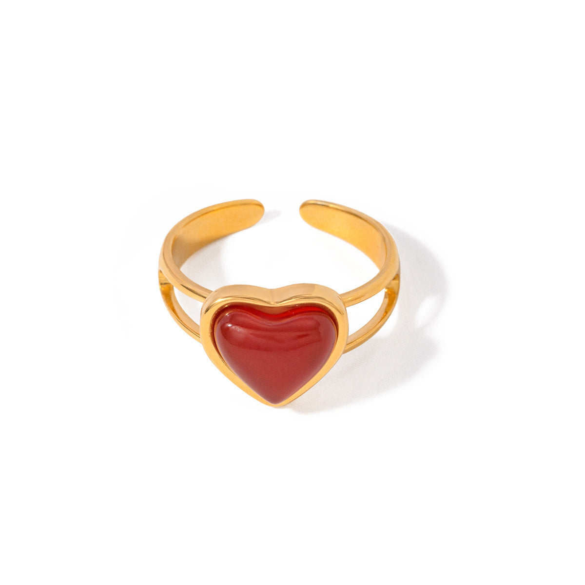 Anello minimalista a forma di cuore in acciaio inossidabile placcato oro 18 carati con intarsio in agata rossa, unisex
