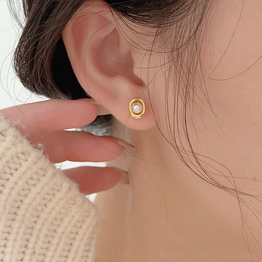 Minimalist Sweet 925 Sterling Silver Geometric Pearl Stud Earrings Gold Plated