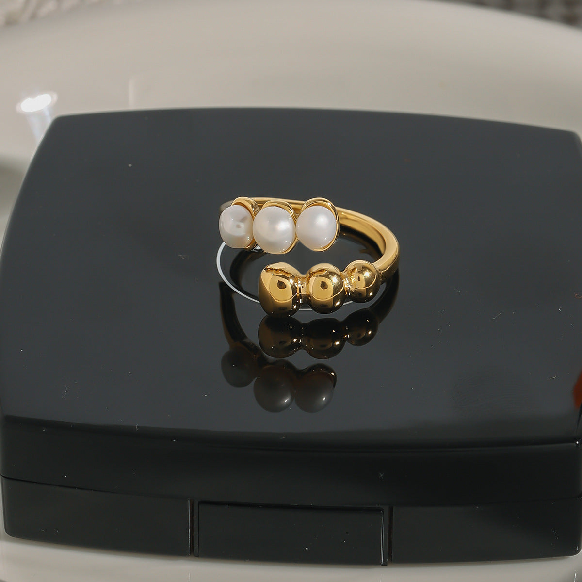 Geometric Plated Stainless Steel Pearl Ring for Women