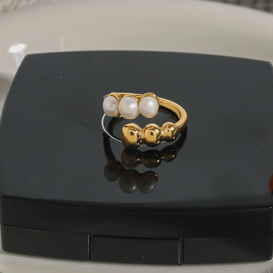 Geometric Plated Stainless Steel Pearl Ring for Women