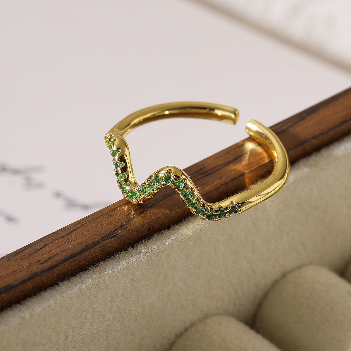 Minimalist Geometric Open Ring for Women in Brass with Real Gold Plating and Zircon Inlay