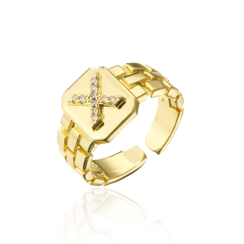 Minimalist Adjustable Open Ring with 18K Gold Plated Copper Band and AAA Zircon Letters Design