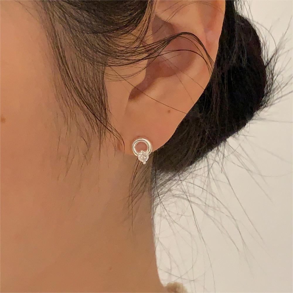 Minimalist Sweet 925 Sterling Silver Round Letter Cubic Zirconia Earrings Asymmetric Double Ring Plated