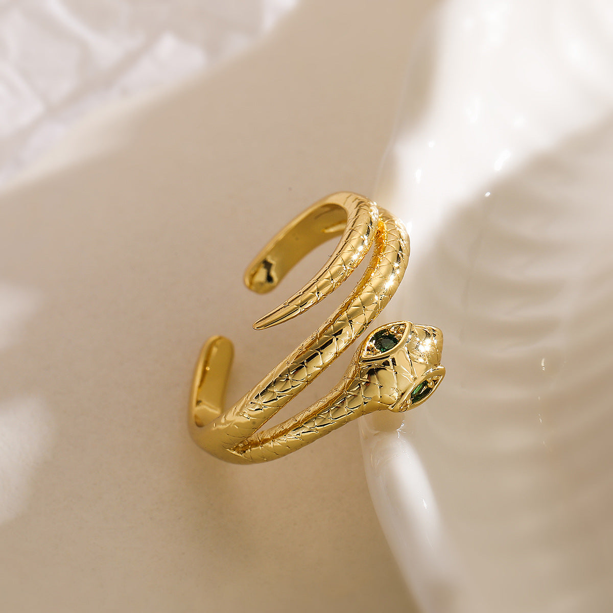 Minimalist Geometric Snake-Shaped Copper Ring with 18K Gold Plating and Zircon Inlay for Women