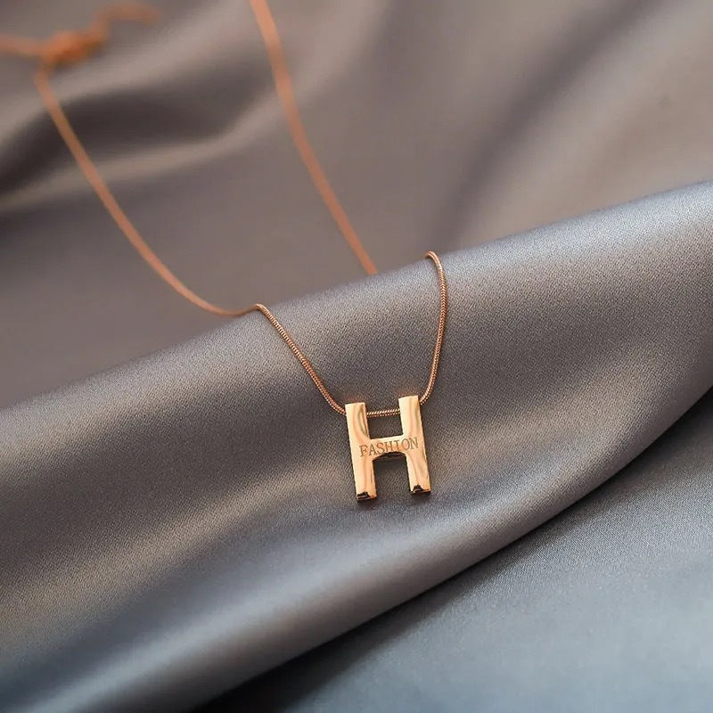 Minimalist Titanium Steel H-Shaped Pendant Necklace for Women with Plated Finish and Snake Chain