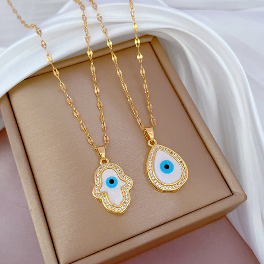 Natural Style Geometric Angel Eye Pendant Necklace for Women in Stainless Steel with Micro-Pave Rhinestones on Lip Chain