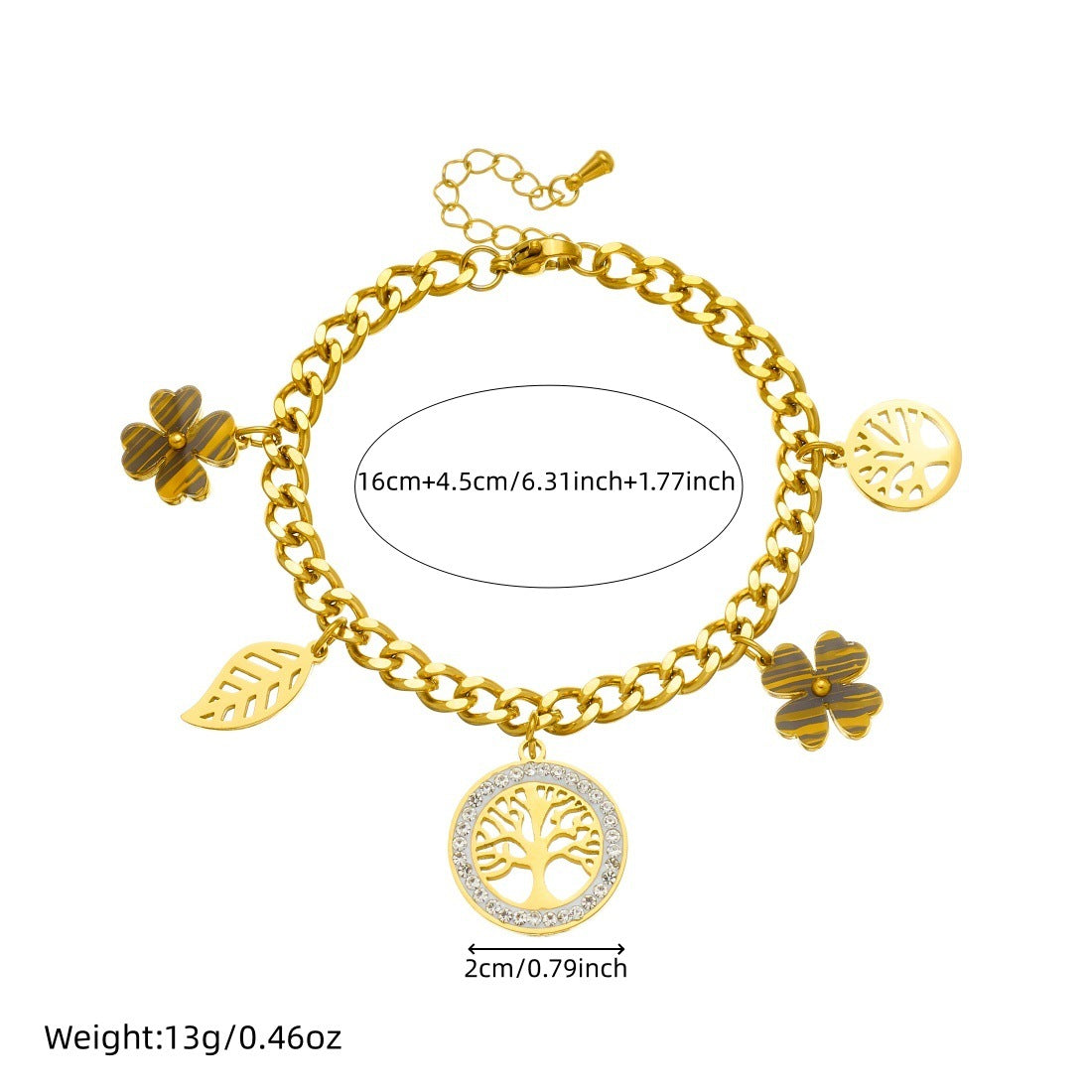 Elegant Gold Plated Rhinestone Round Tree Leaf Hollow Pendant Serpentine Chain Stainless Steel Jewelry Set for Women