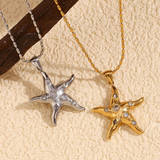 Collana con Pendente Stella Marina Geometrica da Donna in Acciaio Inossidabile con Placcatura in Oro 18K e Intarsio in Zircone