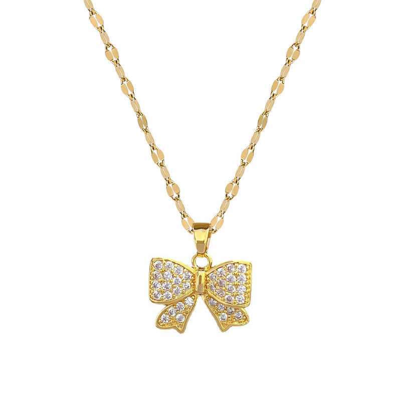 Luxury Sweet Fresh Titanium Steel Stainless Steel Butterfly Geometric Necklace with Rhinestone Pendant for Unisex