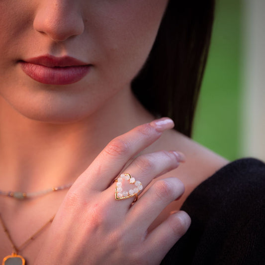 Minimalist Heart-Shaped Stainless Steel Ring with 18K Gold Plating and Natural Stone Inlay for Women