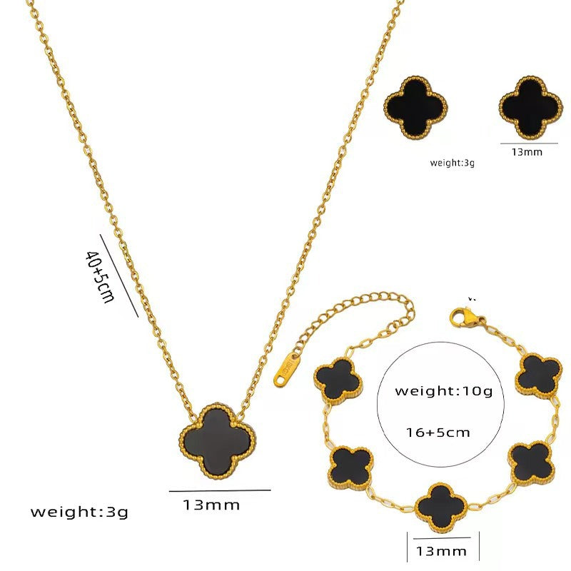 Set di collana, bracciale e orecchini a lobo da donna in acciaio al titanio minimalista con quadrifoglio fortunato