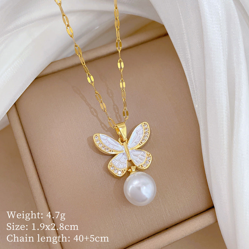 Sweet Drip Oil Butterfly Rhinestone and Pearl Necklace Set with Titanium Steel Cable Chain for Women
