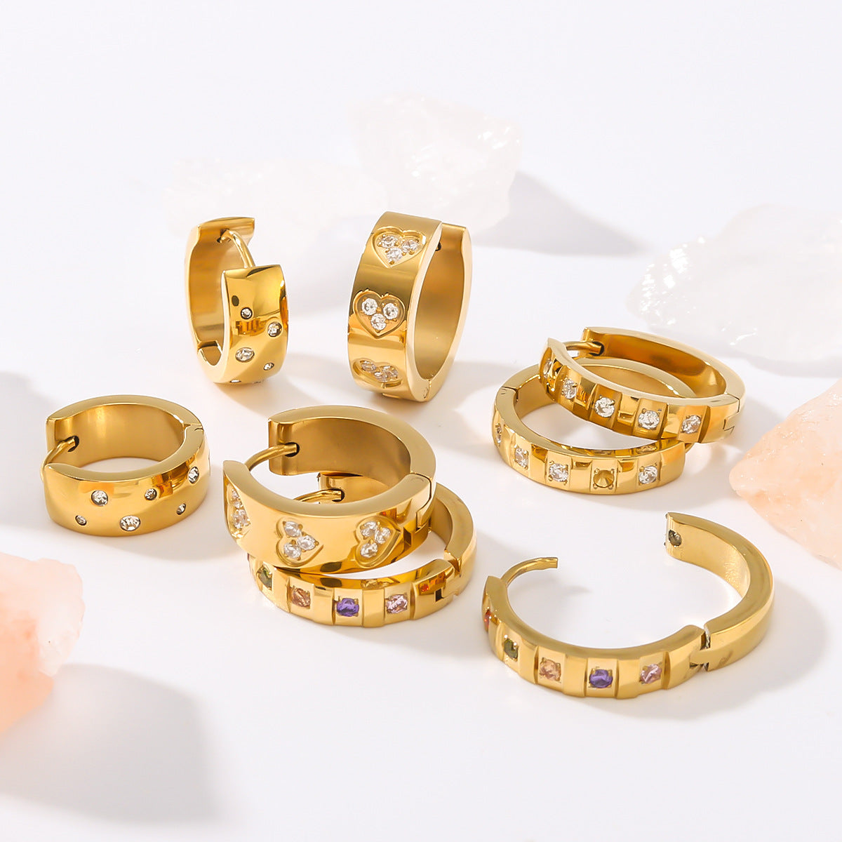 Minimalist Ins Style Stainless Steel Hoop Earrings with 18K Titanium Plating and Round Zirconia Heart-Shaped Ear Cuffs