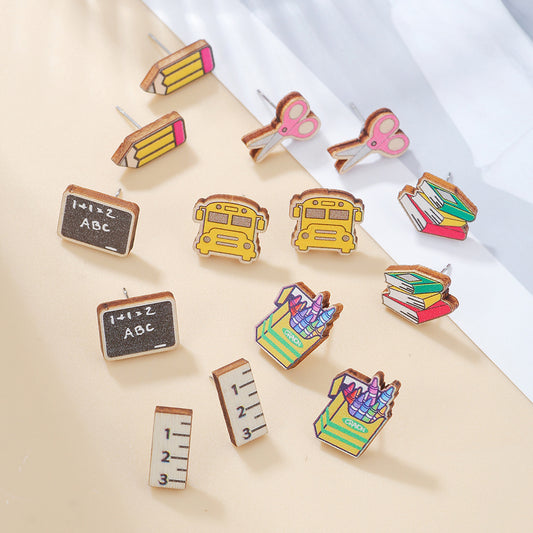 Minimalist Wood Book Scissors Ruler Pencil Shaped Earrings for Teachers
