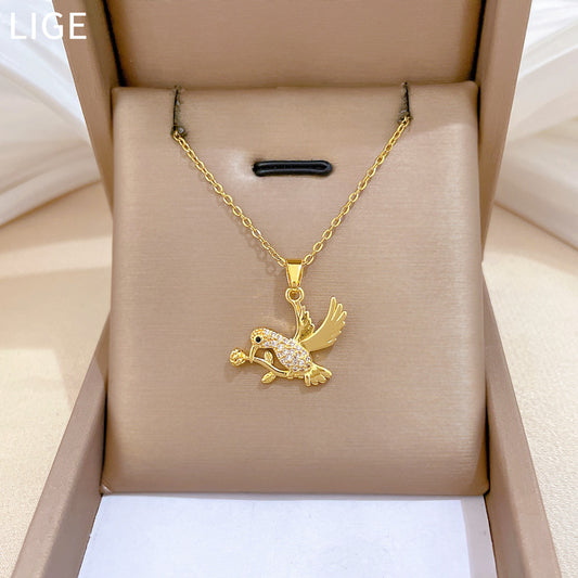 Sweet Elegant Geometric Swallow with Rose Gold Plated Titanium Steel Necklace Full Rhinestone Unisex Cable Chain