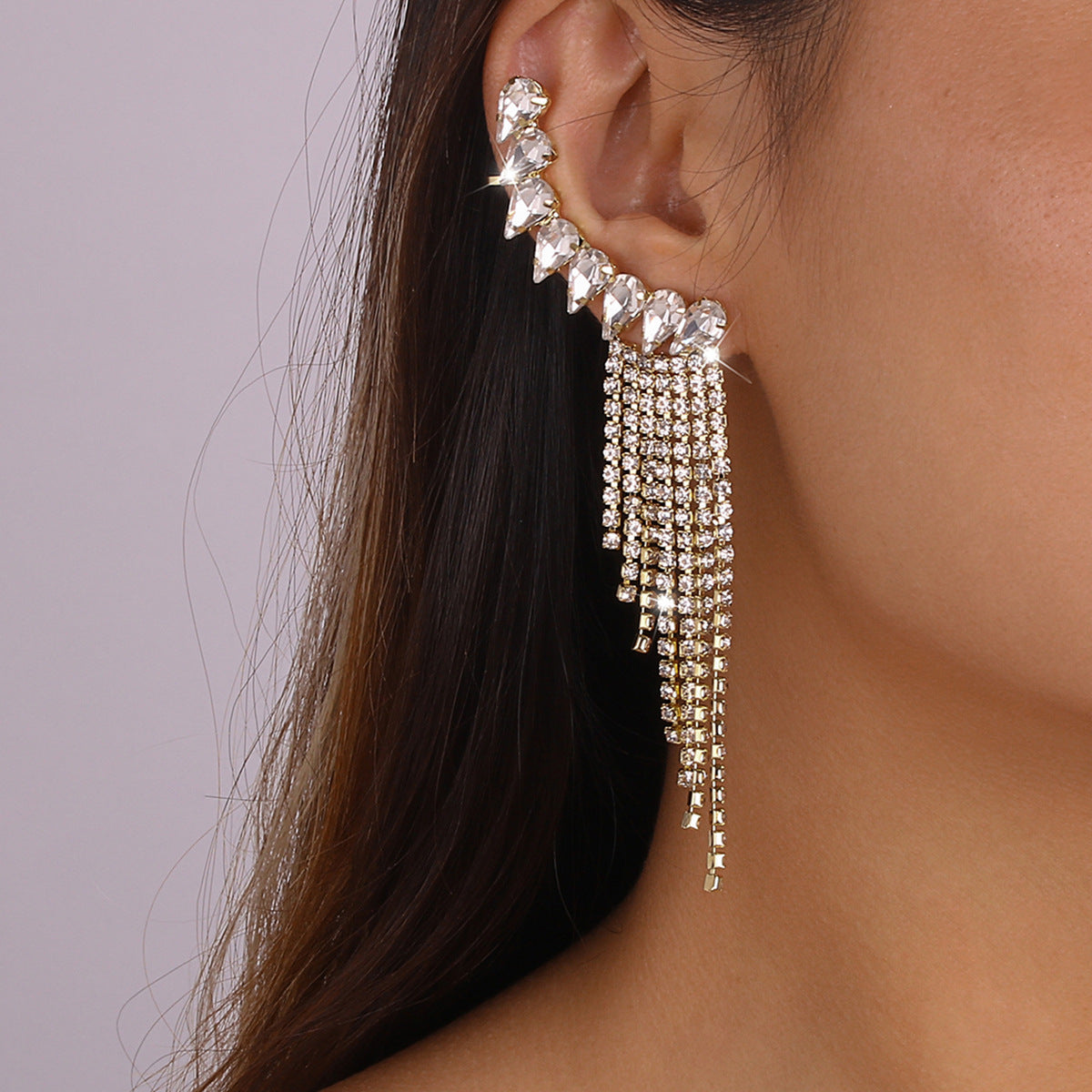 Pendientes colgantes geométricos de diamantes de imitación con cadena de garra y postes de acero inoxidable chapado para mujer