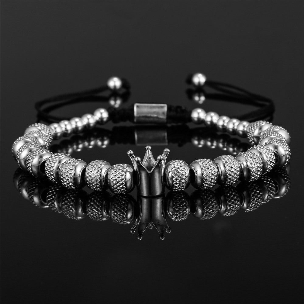 Vintage Geometric Crown Stainless Steel Brass Beaded Bracelet for Men and Women