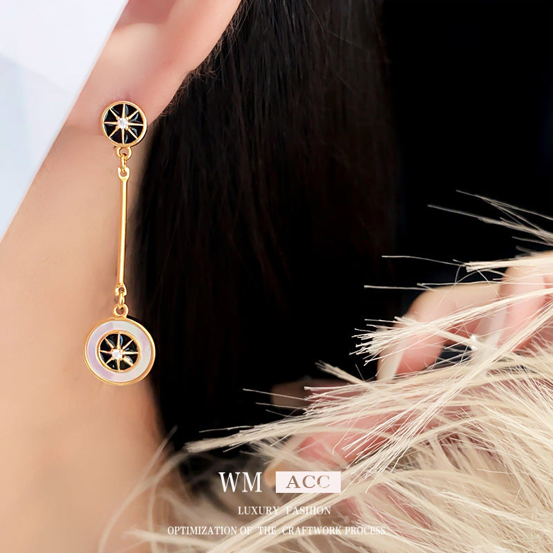 Vintage-Style Geometric Mother-of-Pearl and Zircon Round Earrings with Gold-Plated Copper Base and Stainless Steel Posts