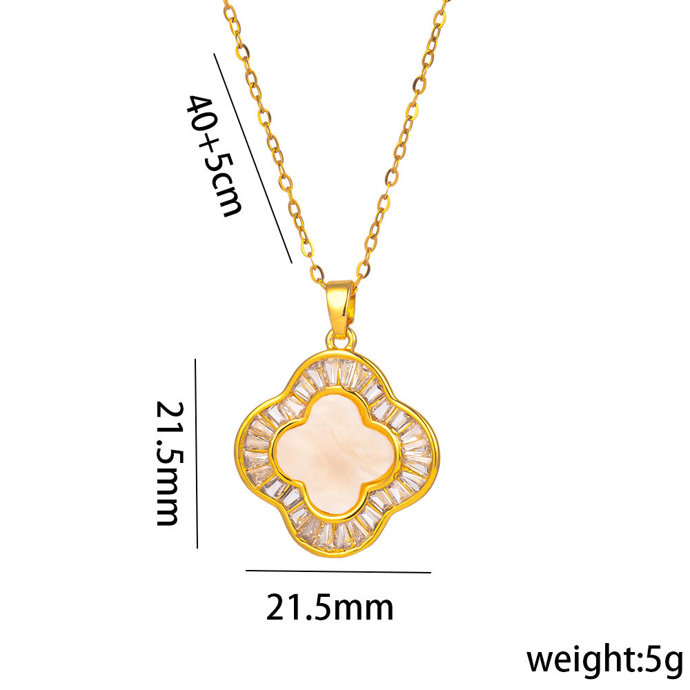 Collana a Trifoglio Minimalista in Acciaio al Titanio con Zircone e Pendente in Madreperla su Catena O per Donna
