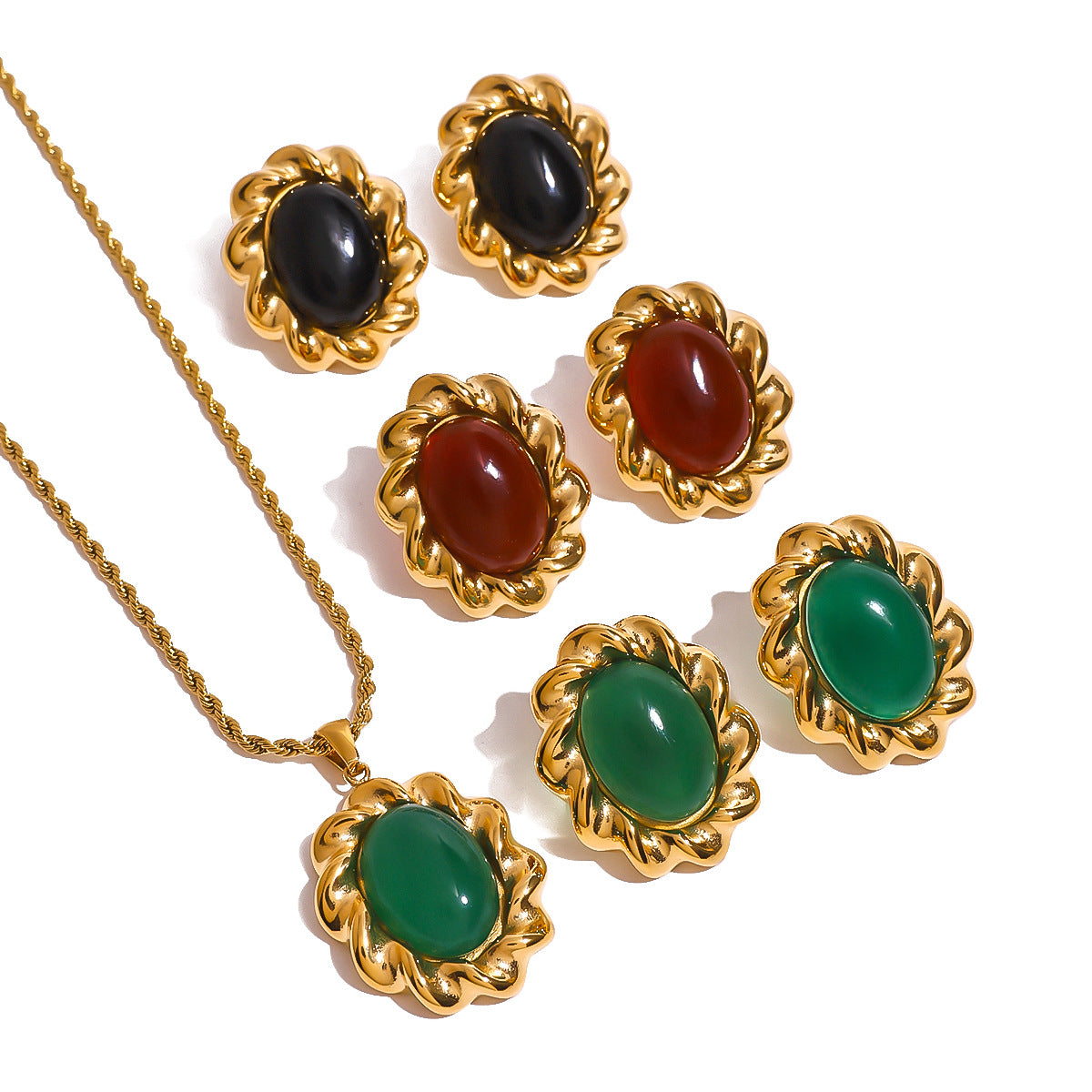 Vintage Geometric Round Stainless Steel Plated Agate Inlay Rope Chain Earrings